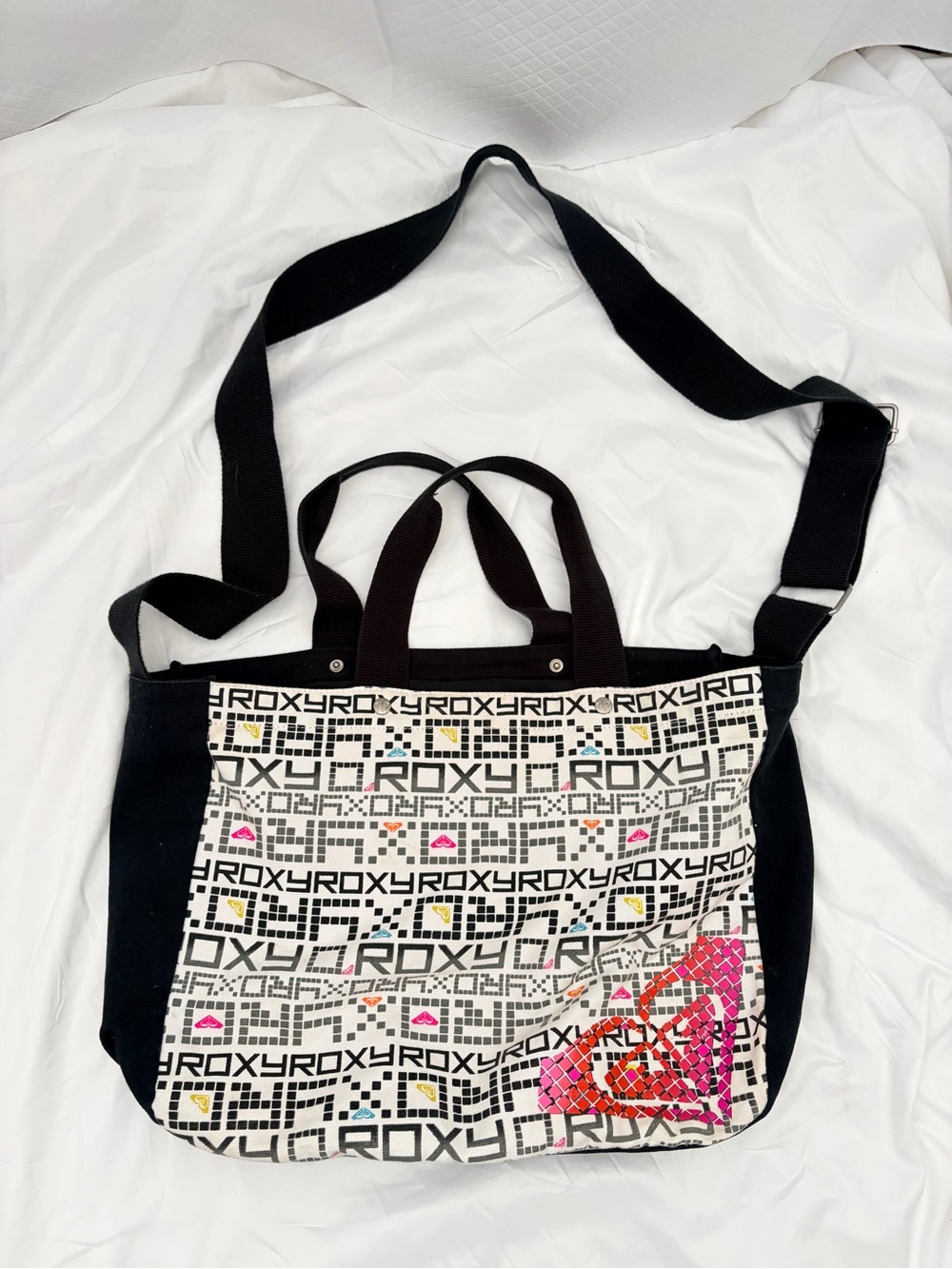 Roxy Black, White & Pink Logo Canvas Tote
